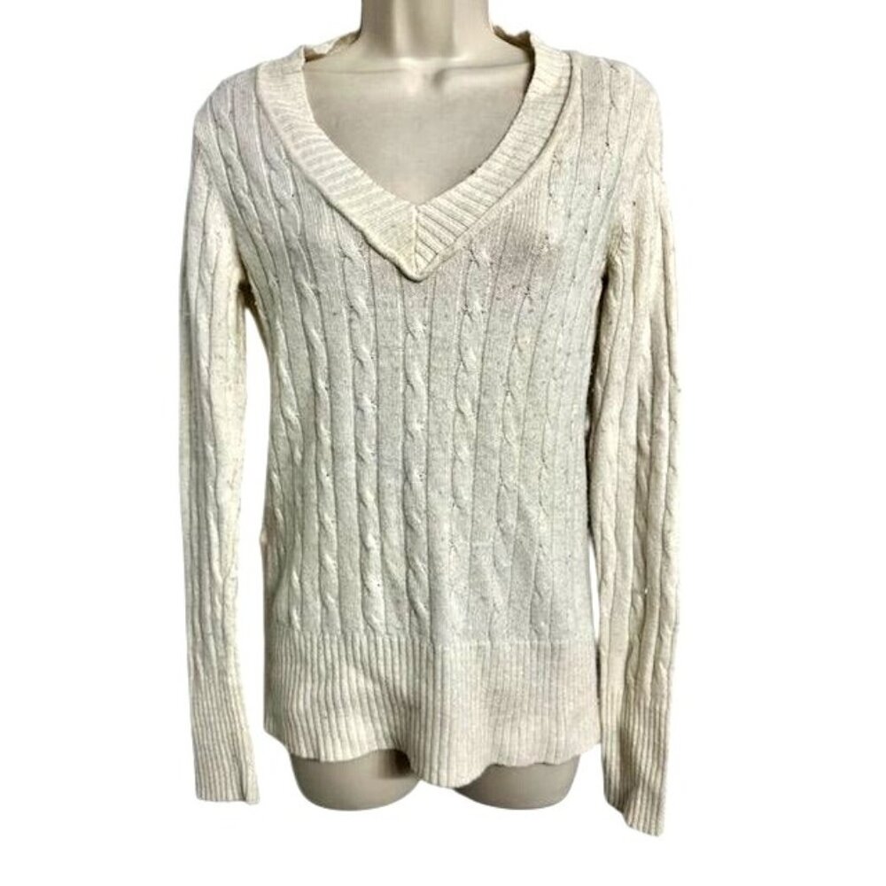 Ann Taylor Loft Cable Knit V-Neck, Wool Rabbit Hair Blend Fairy Ivory Sweater XS